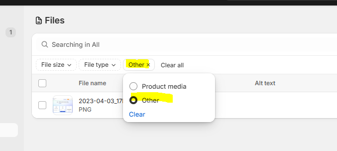 Used in filter set to Other in Shopify Files